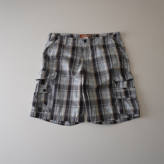 Thrifted – Short Cargo Celeste Lee Dungarees con Líneas Negras, Blancas y Beige Talla 36 USA | Cintura 48 cm | Largo 55 cm