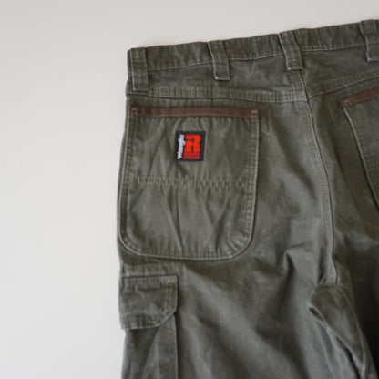 Thrifted – Cargo Carpenter Verde Oliva Wrangler Riggs Workwear Talla 34x32 USA (CL 44) | Cintura 45 cm | Largo 109 cm | Talón 23 cm