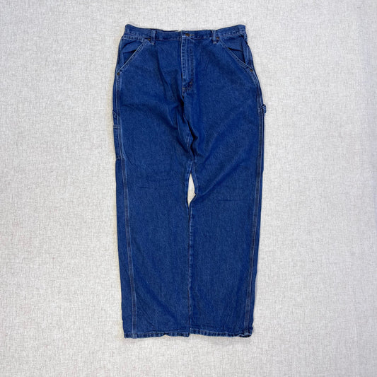 Thrifted – Jean Carpenter Denim Wrangler Talla 36x34 USA (CL 50–52) | Cintura 46 cm | Largo 114 cm | Talón 23 cm